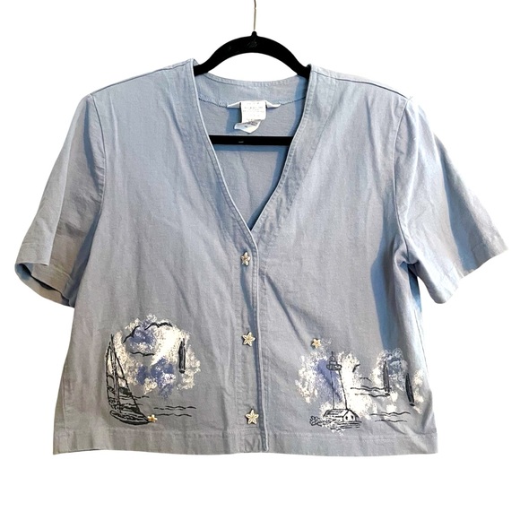 Vintage‎ Nina Piccalino Beach Scene Short Sleeve Top Starfish Buttons Size 8 - Picture 1 of 7
